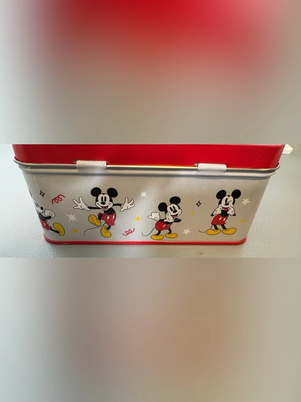 Disney Red Mickey Mouse Tin Food Storage Container with handle on the go travel
